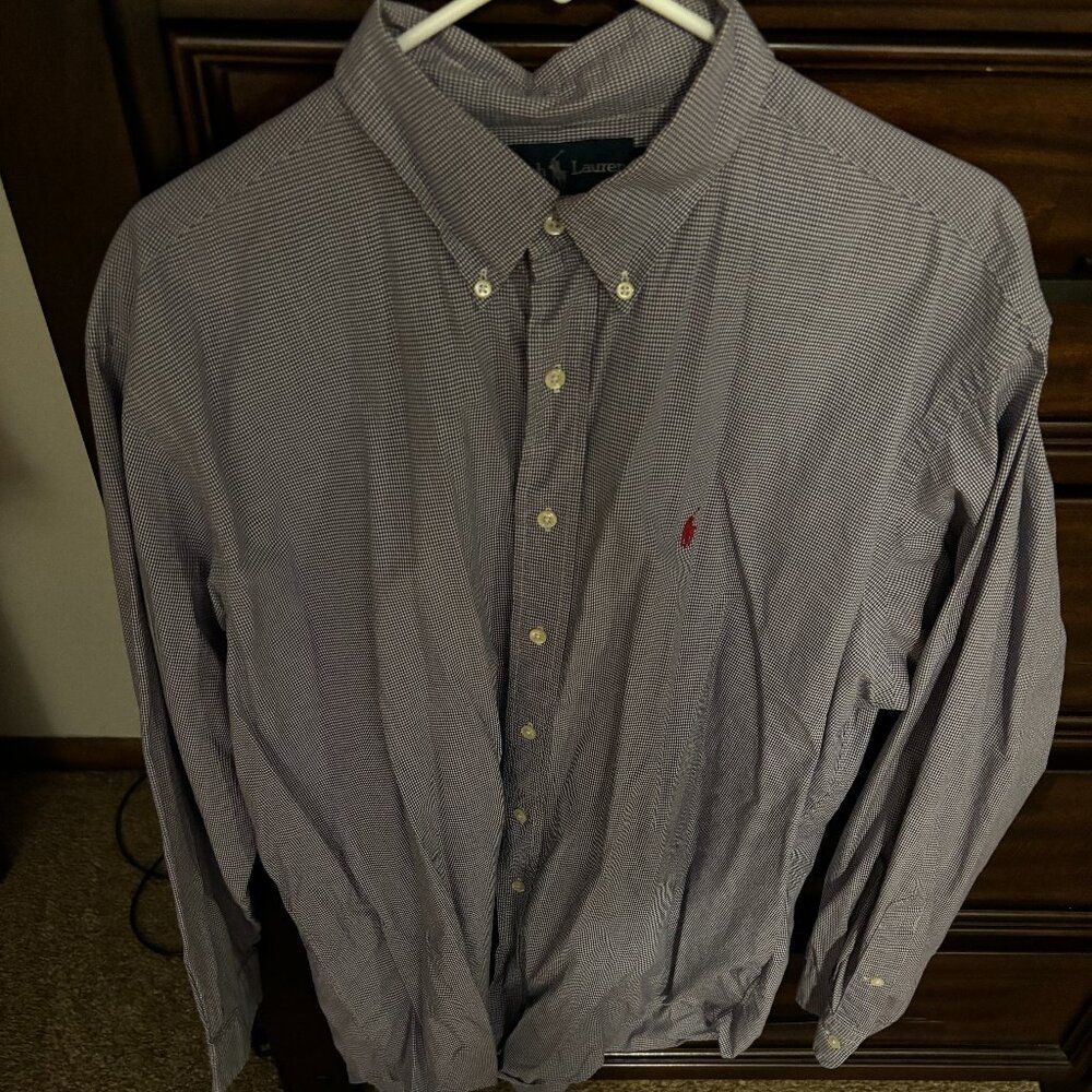 Blue & White Men’s Checkered Ralph Lauren Dress Shirt - Neck 17 Sleeve 34/35
